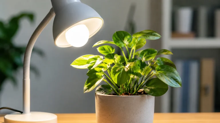 Houseplant illuminated by a close white LED bulb in a simple indoor setup.