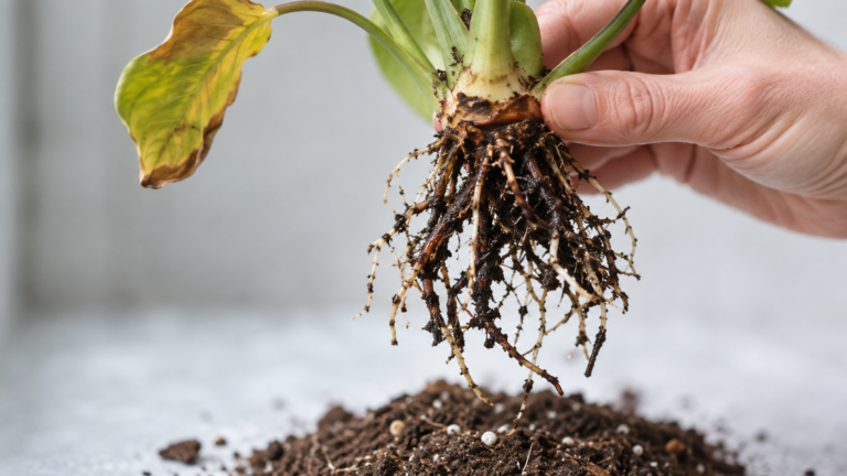 Close-up of a houseplant with dark damaged roots during repotting, showing signs of root rot.