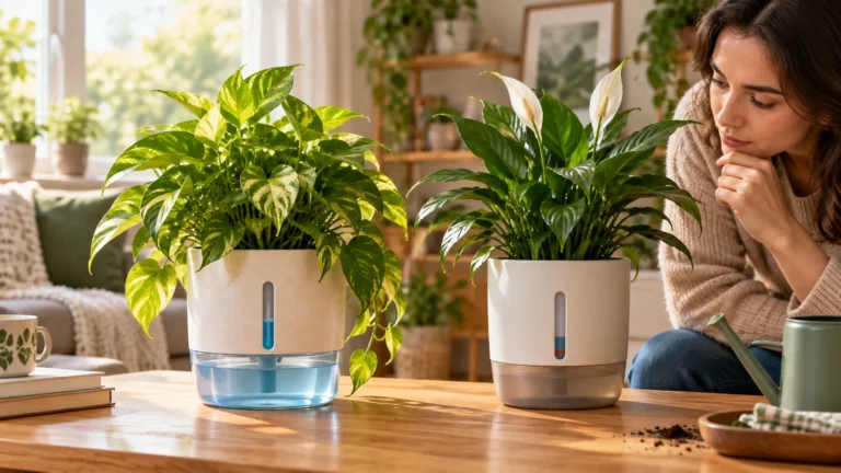 Indoor houseplants in self-watering pots with visible reservoirs in a realistic home setting.