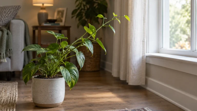 Houseplant leaning toward a bright window with stretched new growth and slightly damp soil from low-light conditions.