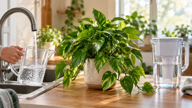Houseplant beside separate containers of tap water and filtered water in a simple indoor setting.