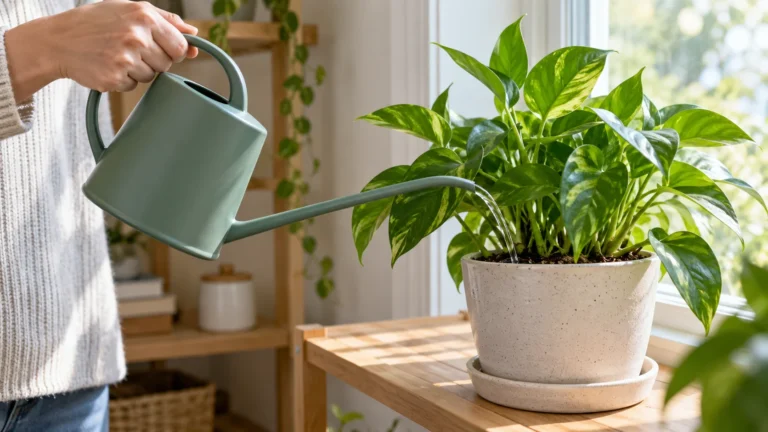 Long-spout watering can directing a steady stream precisely onto the soil of an indoor houseplant.