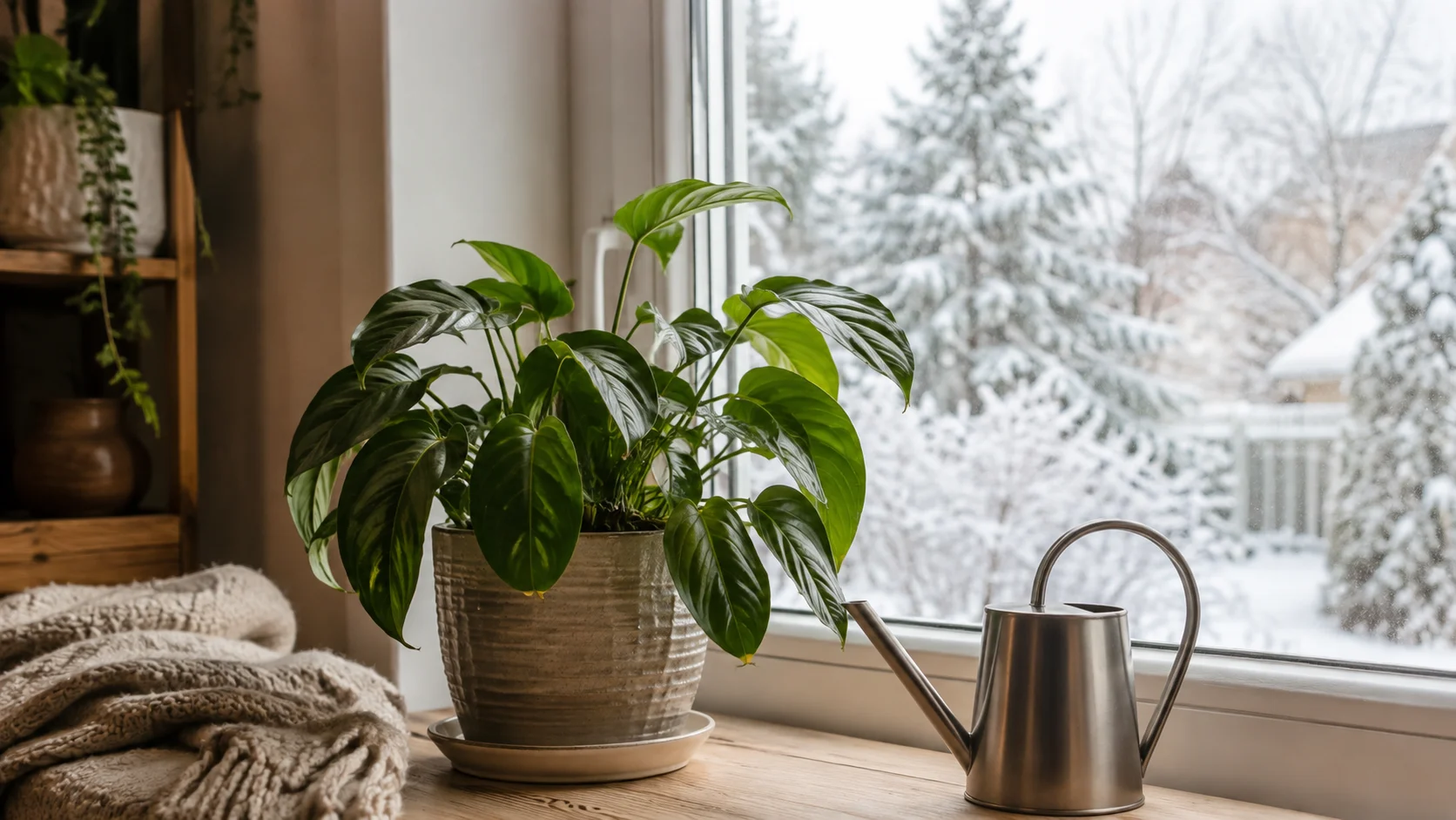 Houseplant beside a winter window with a watering can, illustrating reduced watering as winter light and growth decline.