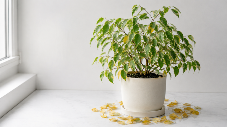 Indoor potted plant near a window with yellow fallen leaves around the pot, illustrating normal and abnormal leaf drop.