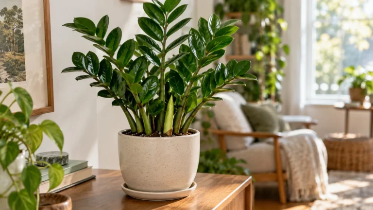 Healthy ZZ plant with glossy upright leaves growing near bright indirect light in a simple indoor setup.