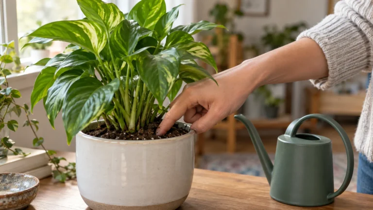 Person checking houseplant soil with a finger before deciding whether to use a nearby watering can.