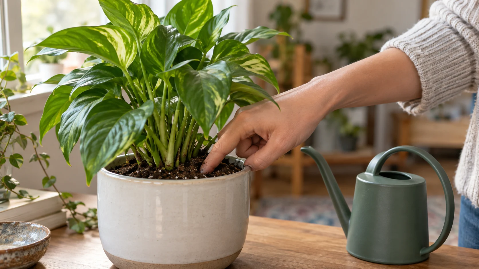 Person checking houseplant soil with a finger before deciding whether to use a nearby watering can.