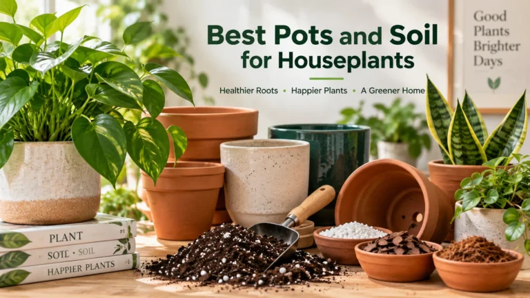 Houseplants in terracotta and ceramic pots beside potting soil and common soil amendments on a bright indoor worktable.