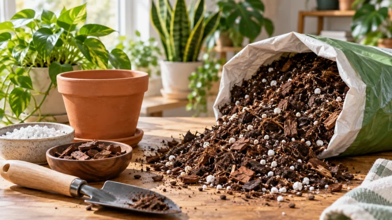 Open bag of chunky indoor potting mix with perlite and bark beside a terracotta pot, trowel, and houseplants on a bright worktable.