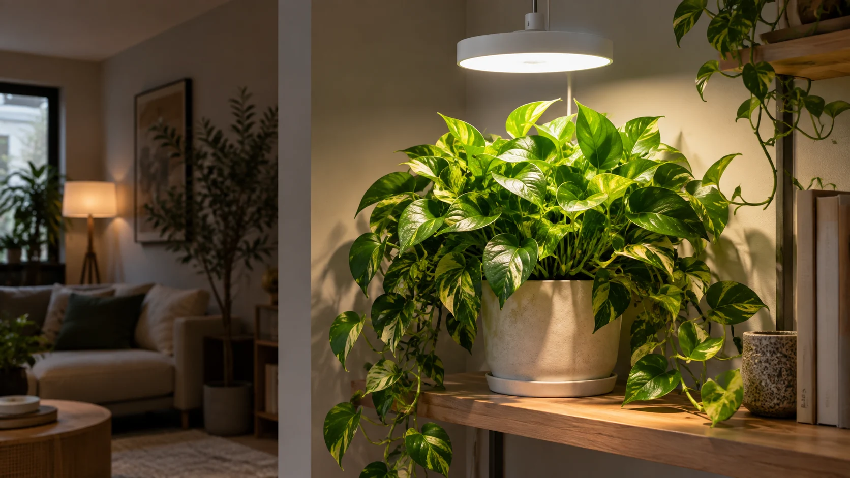 Healthy tropical houseplant growing under a white LED grow light in a deep indoor corner away from direct natural window light.
