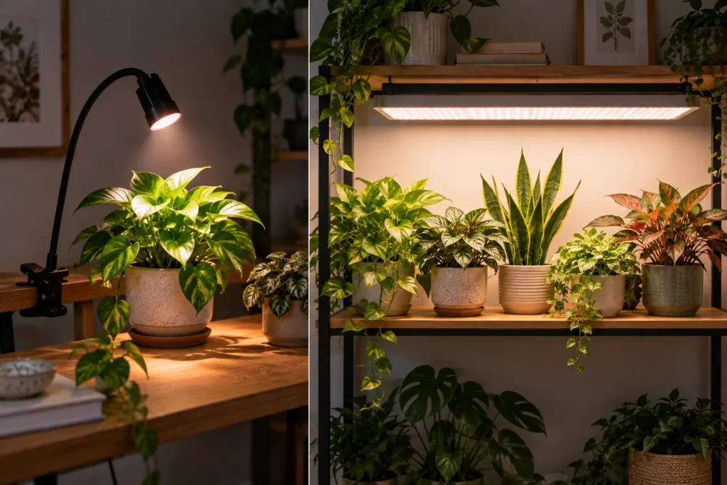 Side-by-side indoor plant setups showing a clip-on grow light illuminating a small area and a panel grow light covering a wider plant shelf.