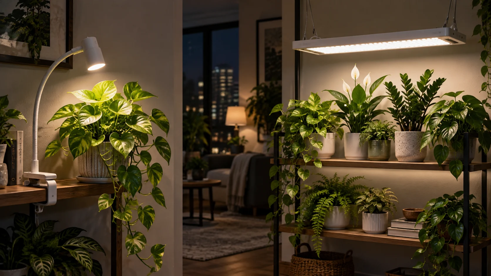 Indoor comparison showing a clip-on grow light aimed at one houseplant and a broad panel grow light illuminating several plants across a shelf.