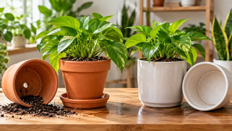 Houseplants in terracotta and ceramic pots shown with and without drainage holes on a bright indoor worktable.