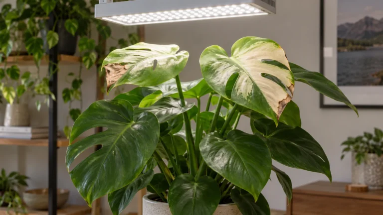 Houseplant under a white LED grow light with pale bleached patches on the top leaves nearest the fixture while lower leaves remain healthy green.
