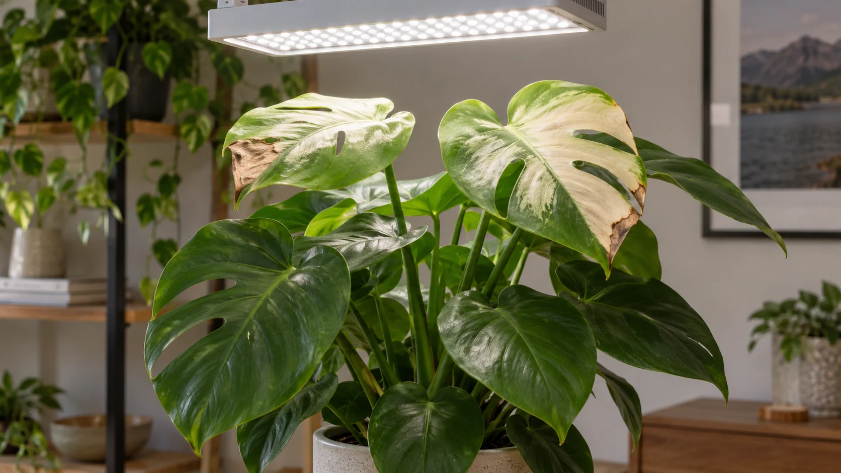 Houseplant under a white LED grow light with pale bleached patches on the top leaves nearest the fixture while lower leaves remain healthy green.
