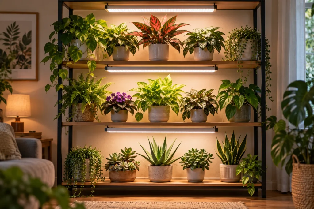 Three-tier indoor plant shelf with a separate grow light on each populated level and plants arranged beneath the brightest central areas.