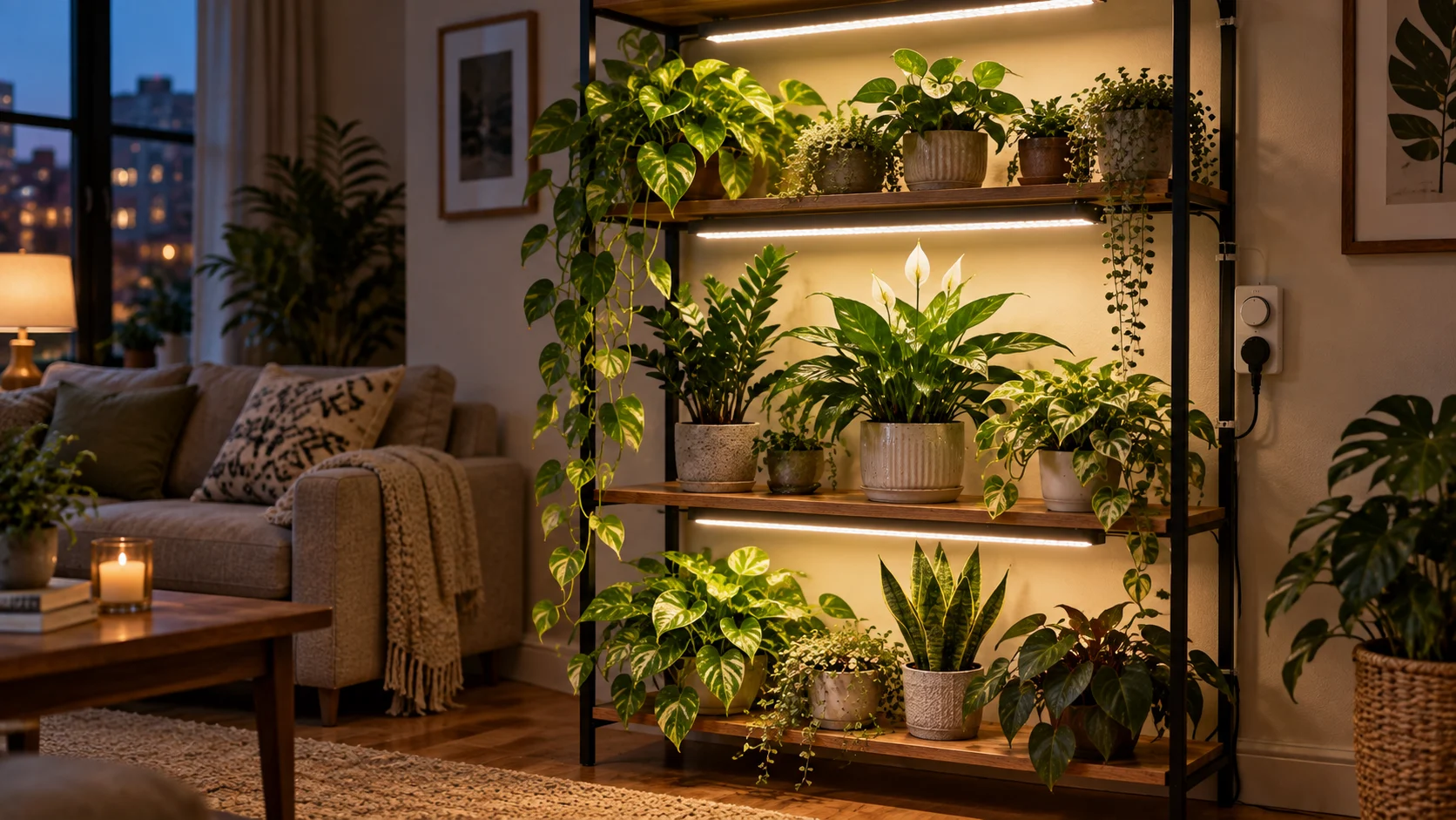 Multi-level indoor plant shelf with separate white LED grow lights mounted above each populated shelf and a timer control beside the rack.