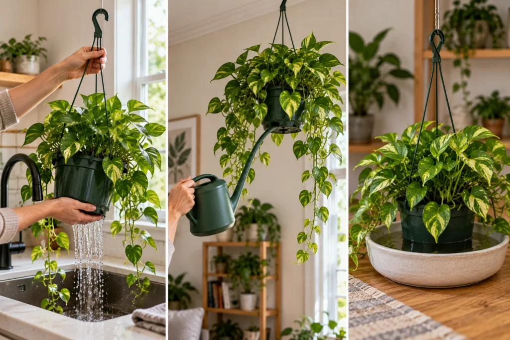 Three-panel comparison showing a hanging houseplant watered at a sink, in place with a long-spout can, and by bottom watering in a basin.