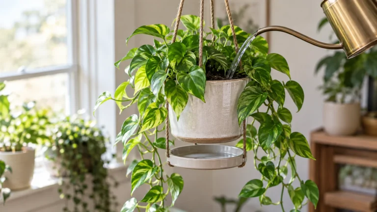 Hanging houseplant being watered carefully with a long-spout can while a drip saucer prevents runoff from making a mess.