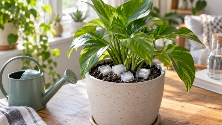 Houseplant with ice cubes melting on the potting soil beside a watering can in a bright room.