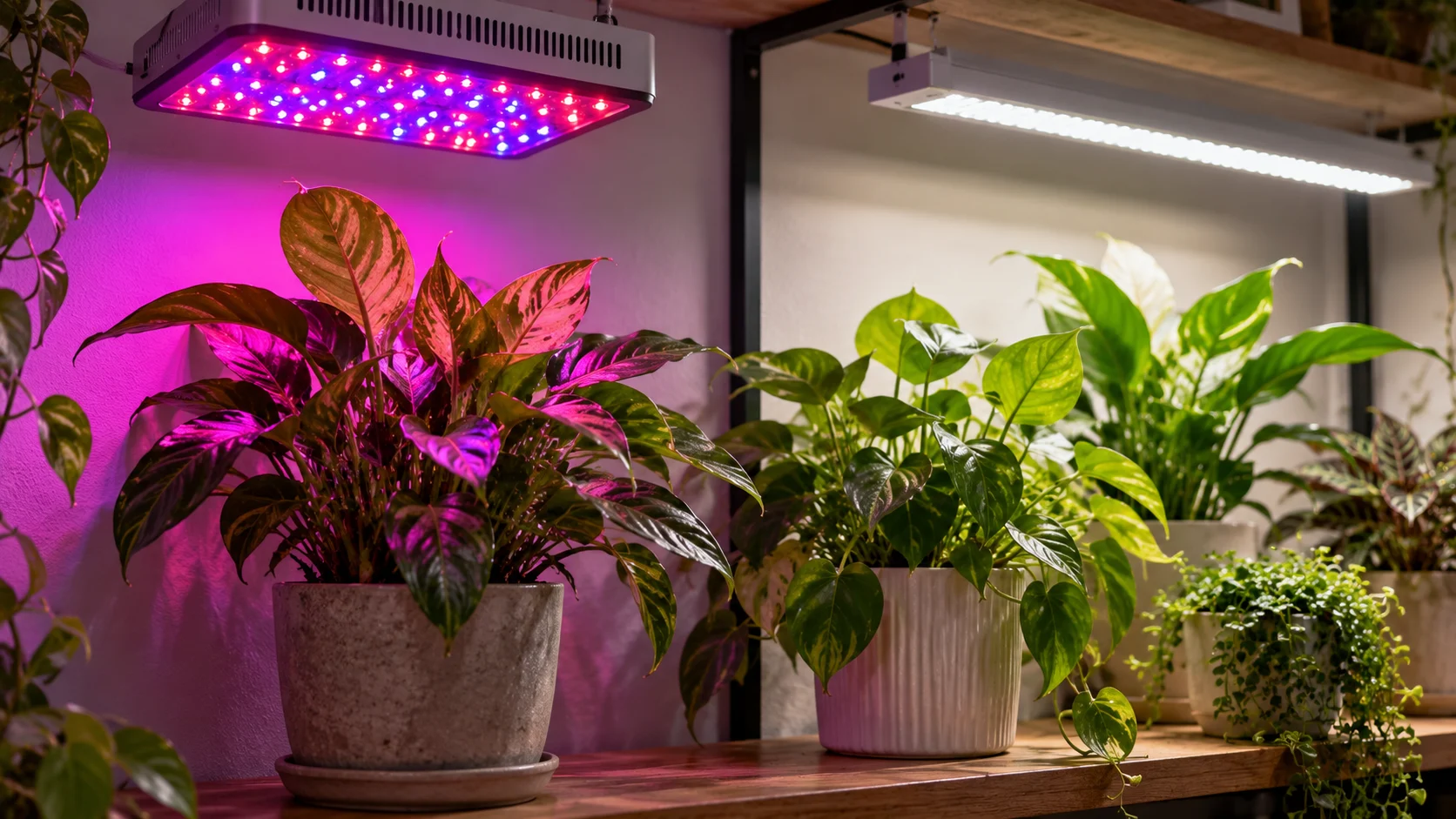 Houseplant under red-and-blue LED grow light creating a purple cast, with white grow light shown for comparison.