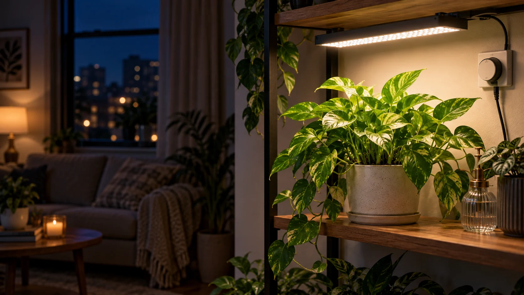 Healthy houseplant under an indoor grow light beside a plug-in timer, with the room transitioning into darkness to show the need for a nightly dark period.