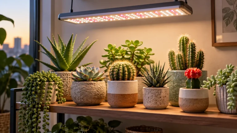 Succulents and cacti arranged beneath an indoor grow light on a plant shelf.