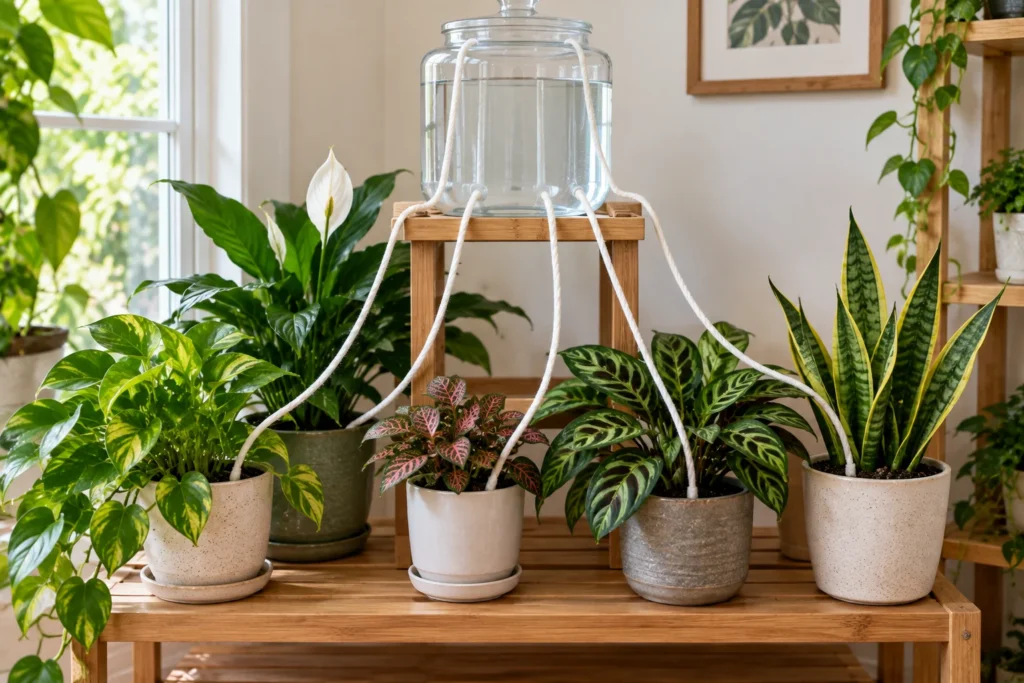 Elevated water reservoir feeding several houseplant pots through cotton wicks in a bright indoor plant setup.