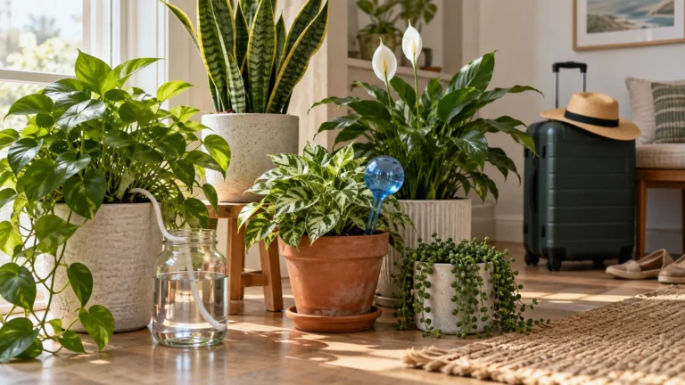 Houseplants set up for vacation with watering reservoirs beside packed travel items in a bright room.