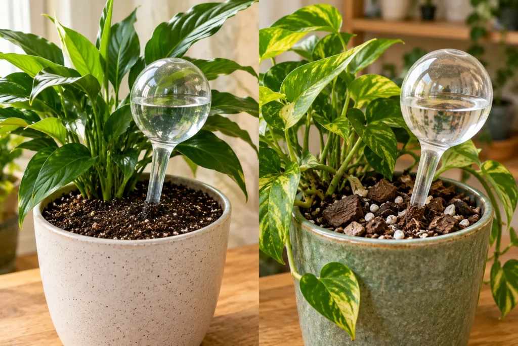 Two houseplants with glass watering globes, comparing fine moist potting mix that seals around the stem with a chunky bark mix that leaves larger air gaps.