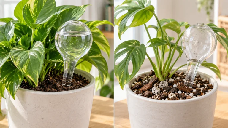 Two houseplants with glass watering globes, comparing fine potting soil with a chunky fast-draining mix.