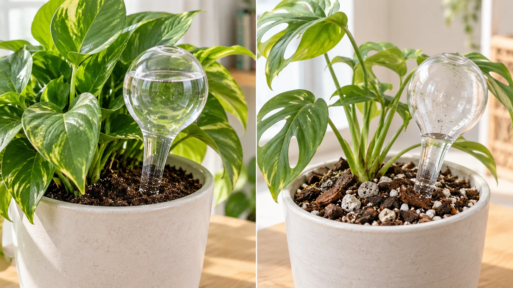 Two houseplants with glass watering globes, comparing fine potting soil with a chunky fast-draining mix.